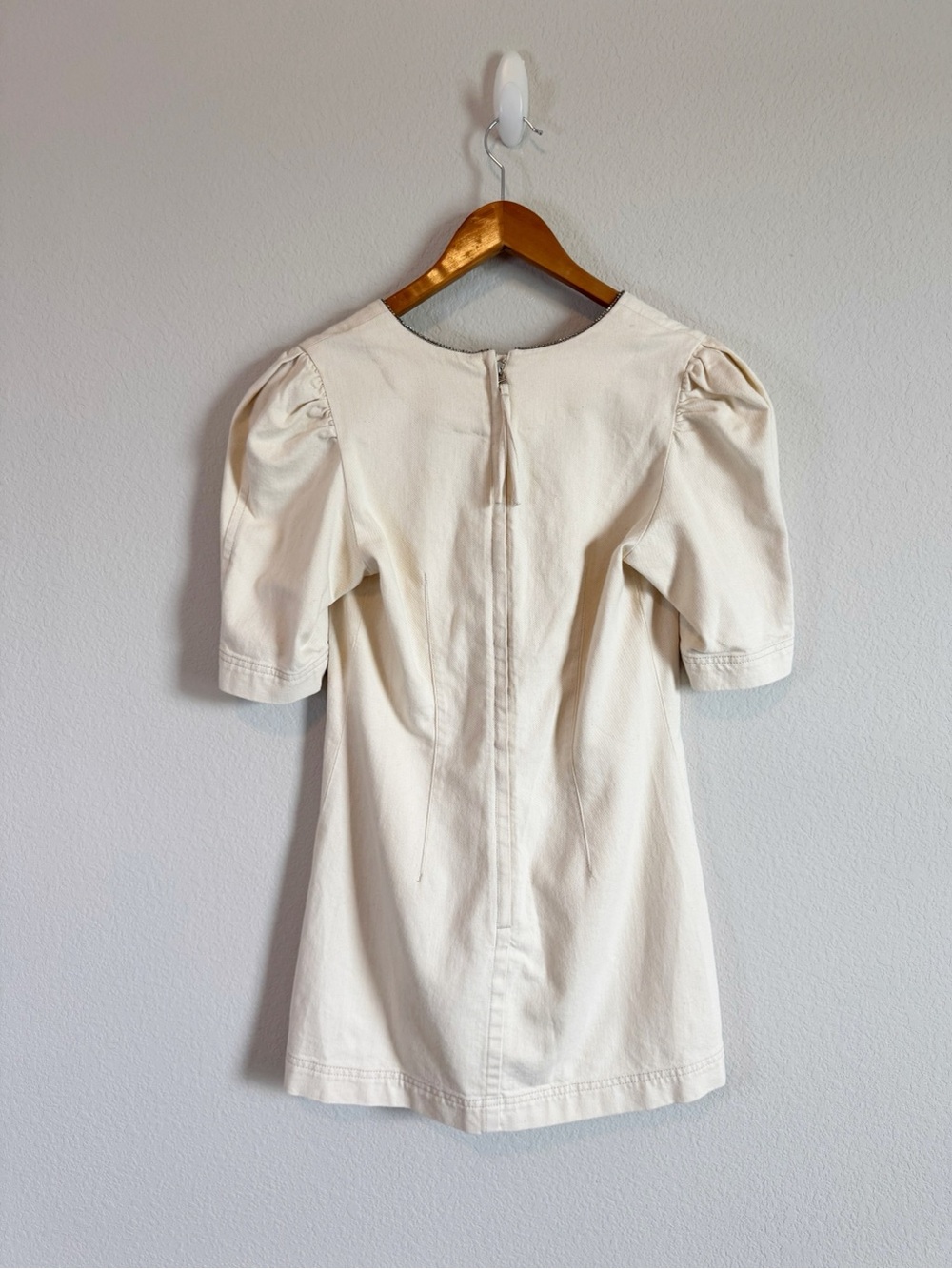 Something Navy Beige Spencer Denim Embellished Puff Sleeve Mini Dress Size M - Picture 8 of 10